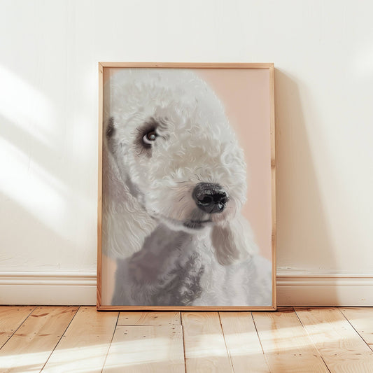 Framed artwork of a bedlington terrier's dog's face on a wall with wooden floor