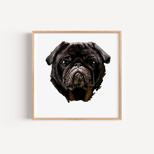 Framed artwork of a black pug on a white background
