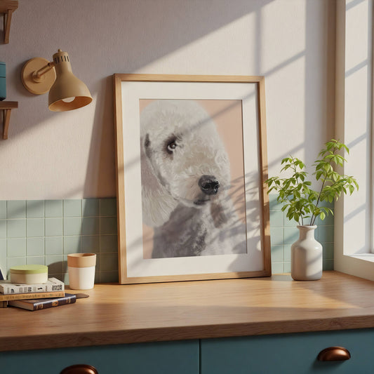 Framed picture of a bedlington terrier on a wooden shelf with a plant and lamp in a room.