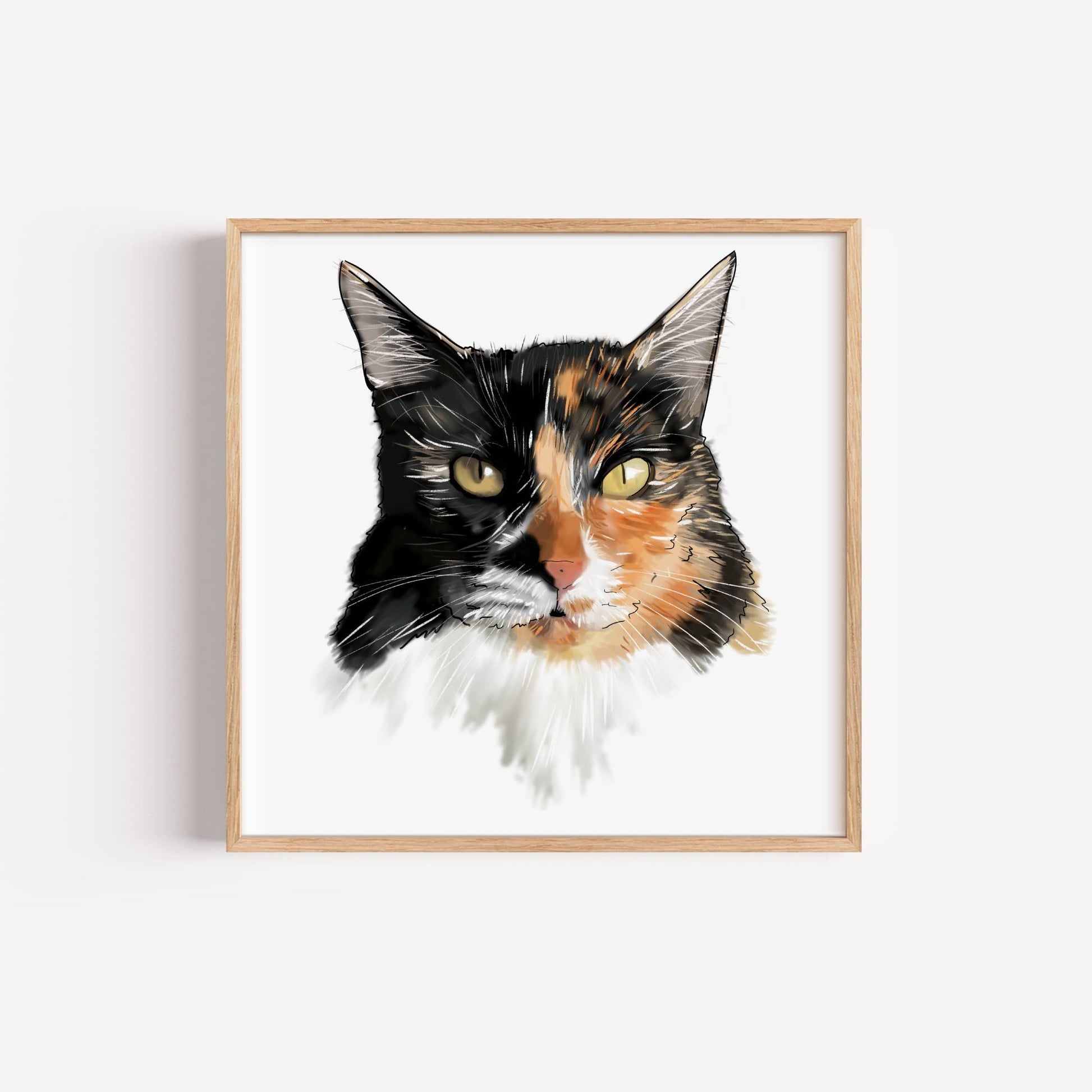 Framed portrait of a calico cat's face on a white background