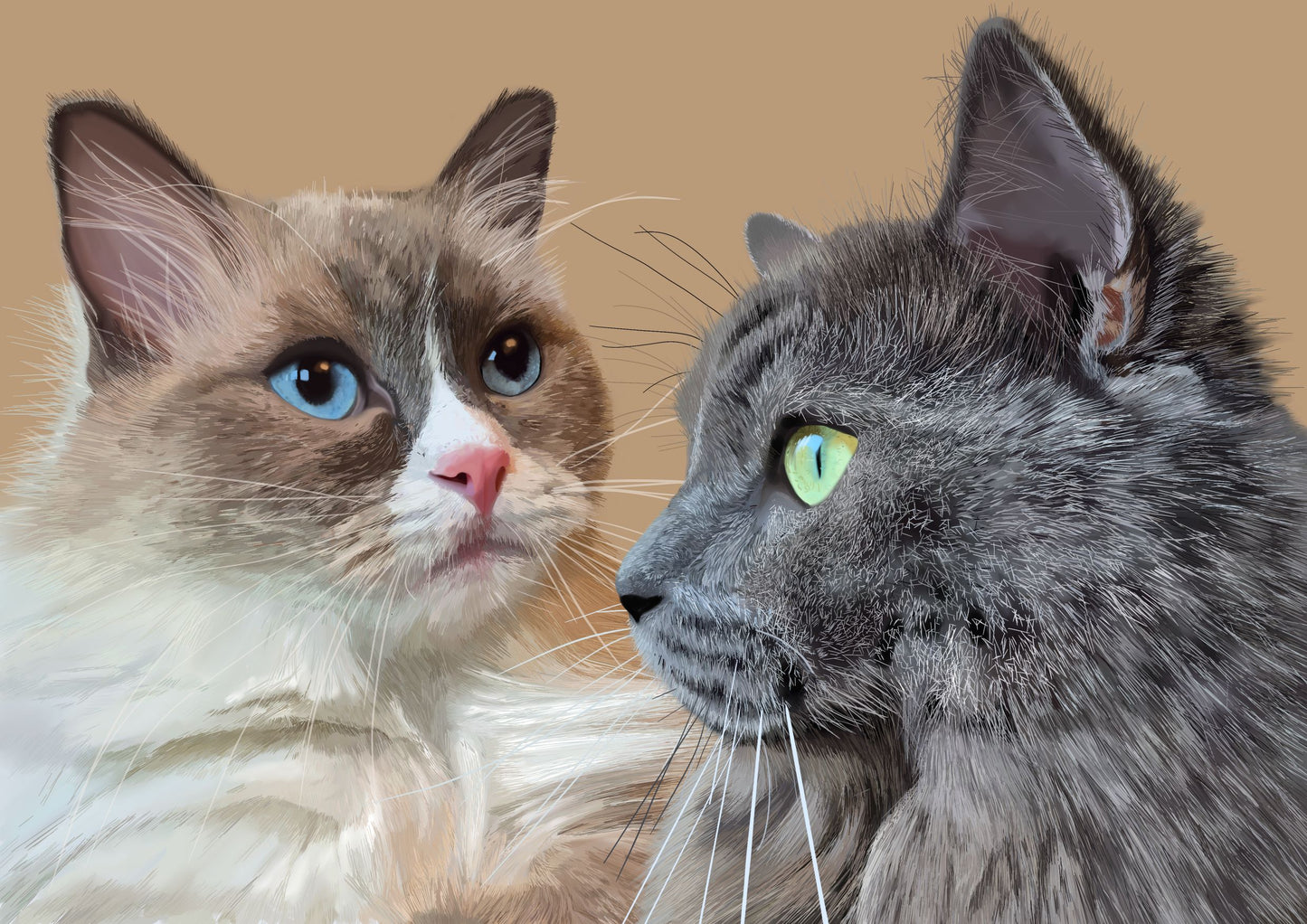 Two cats with one having blue eyes and the other green eyes on a beige background