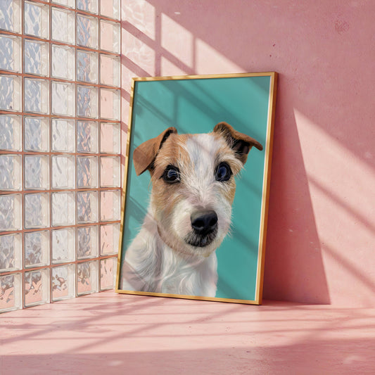 Framed portrait of a jack russell against a pink wall with a glass block wall in the background