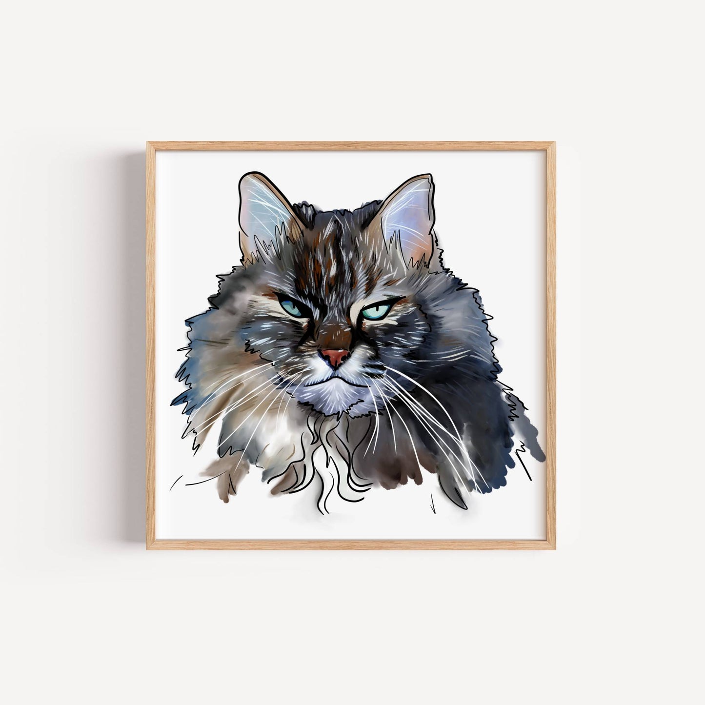 Framed artwork of a stylized maine coone cat's face on a white background