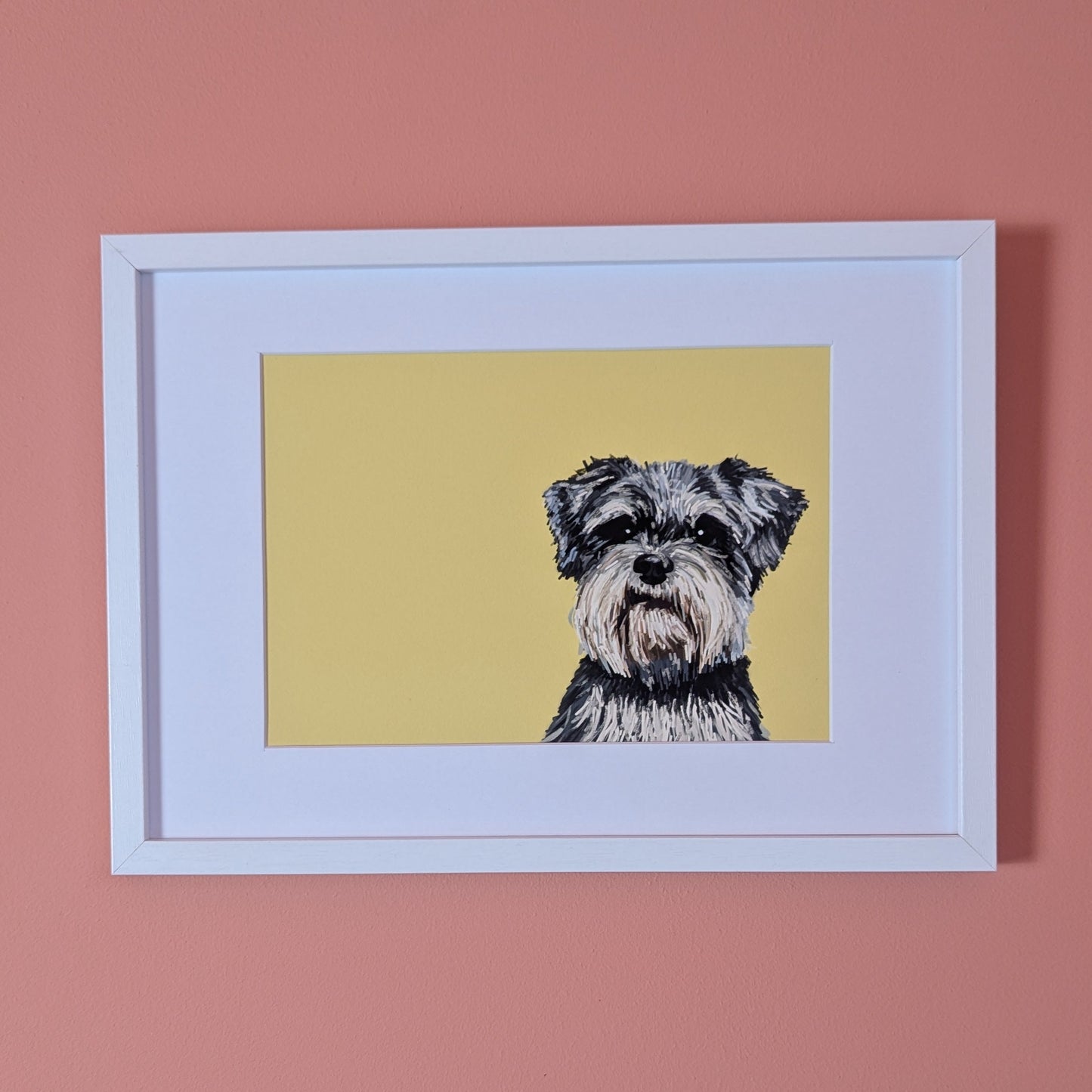 miniature schnauzer framed painting on pink wall