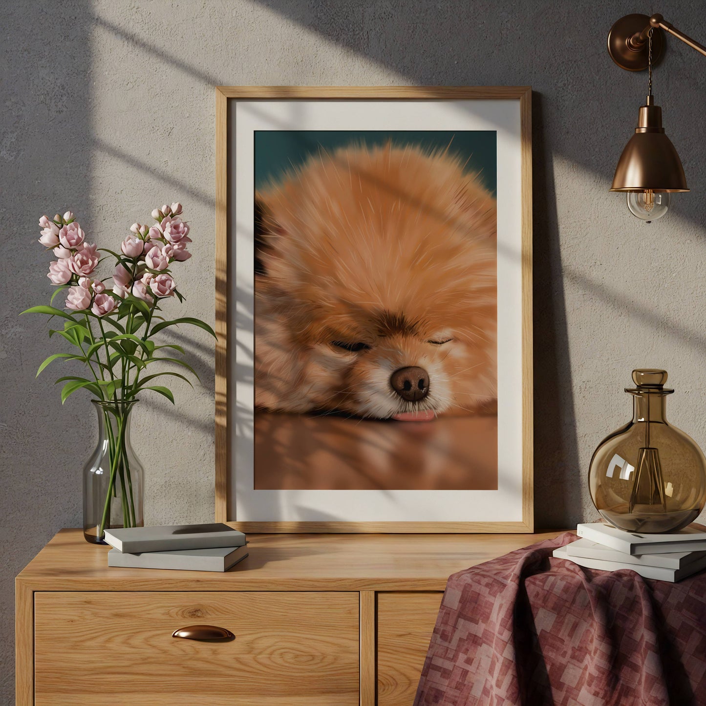 Framed picture of a sleeping pomeranian dog with it's tongue out 'blep', on a wooden cabinet with decorative items.