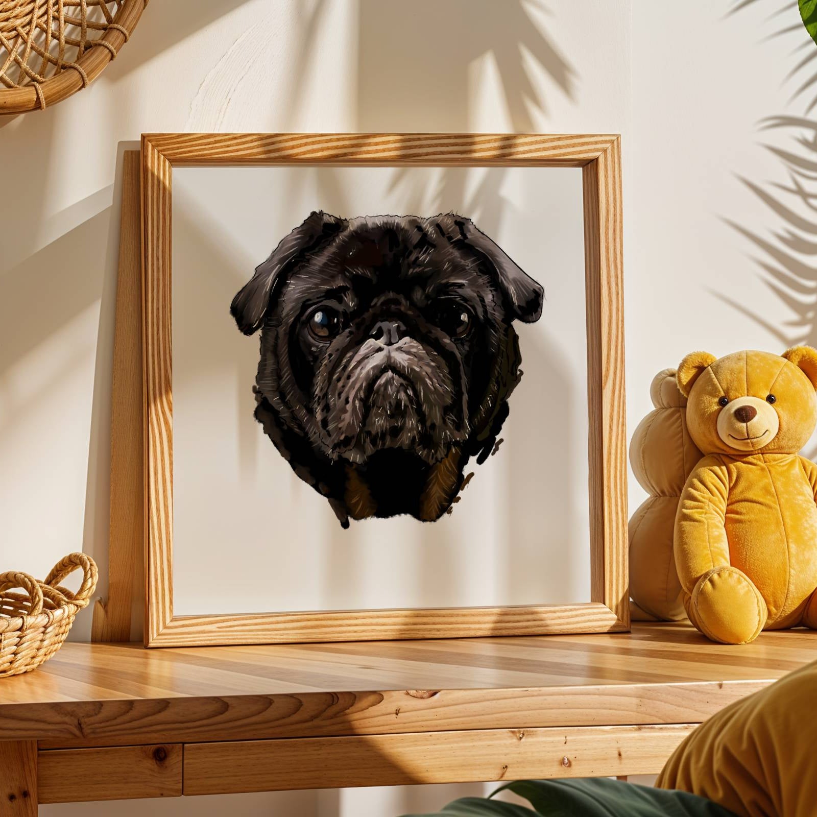 Framed portrait of a black pug on a wooden table with a teddy bear and baskets.