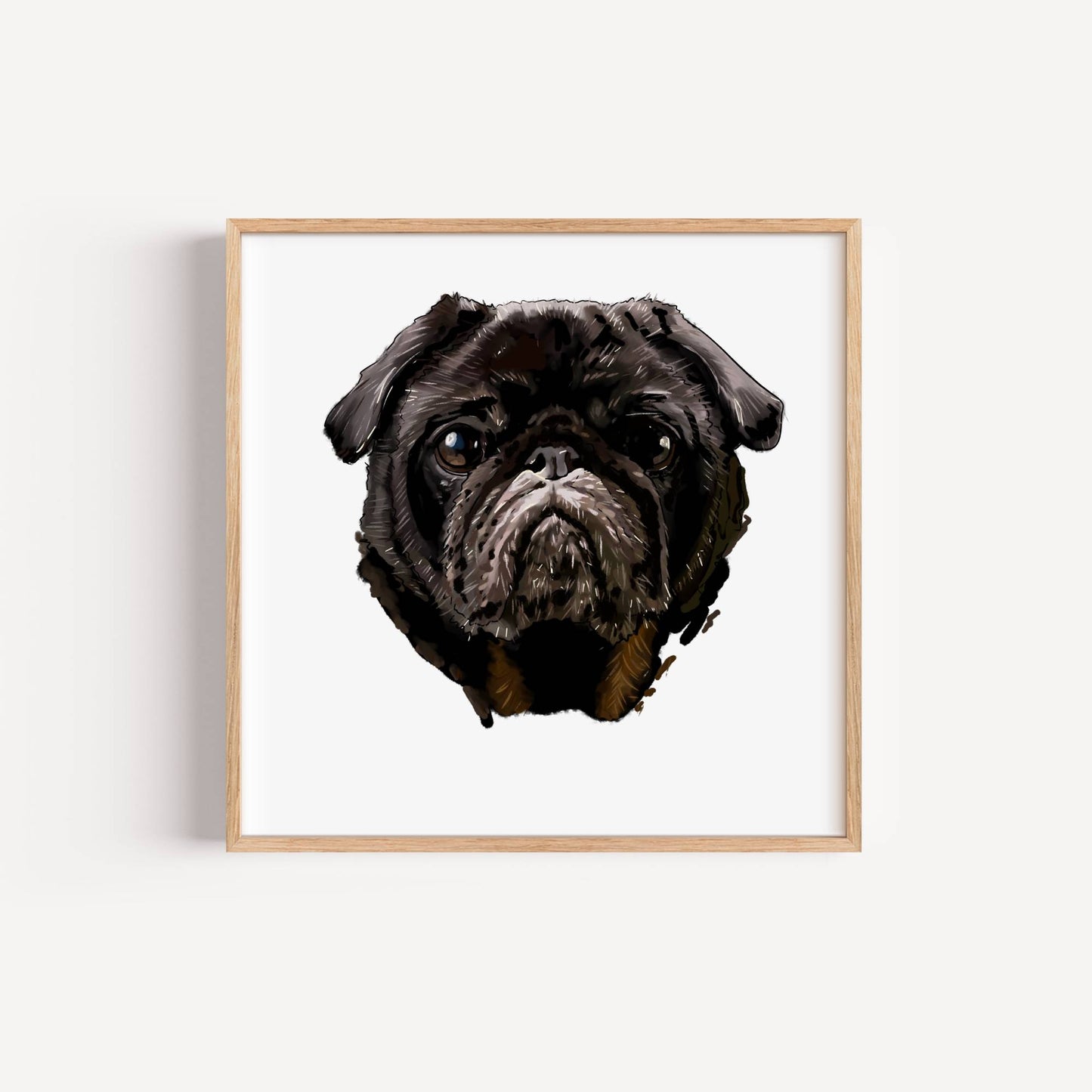 Framed artwork of a black pug on a white background