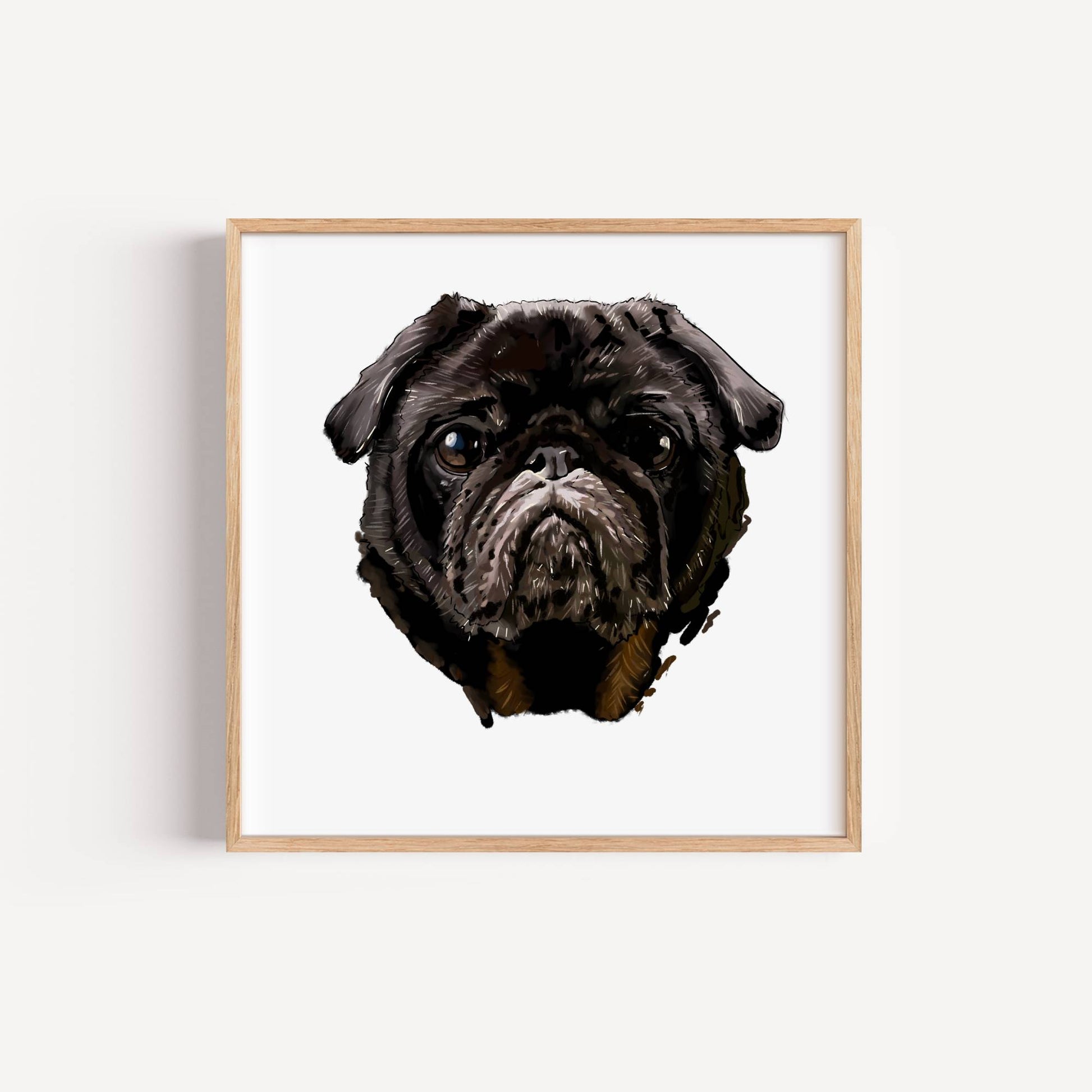Framed artwork of a black pug on a white background
