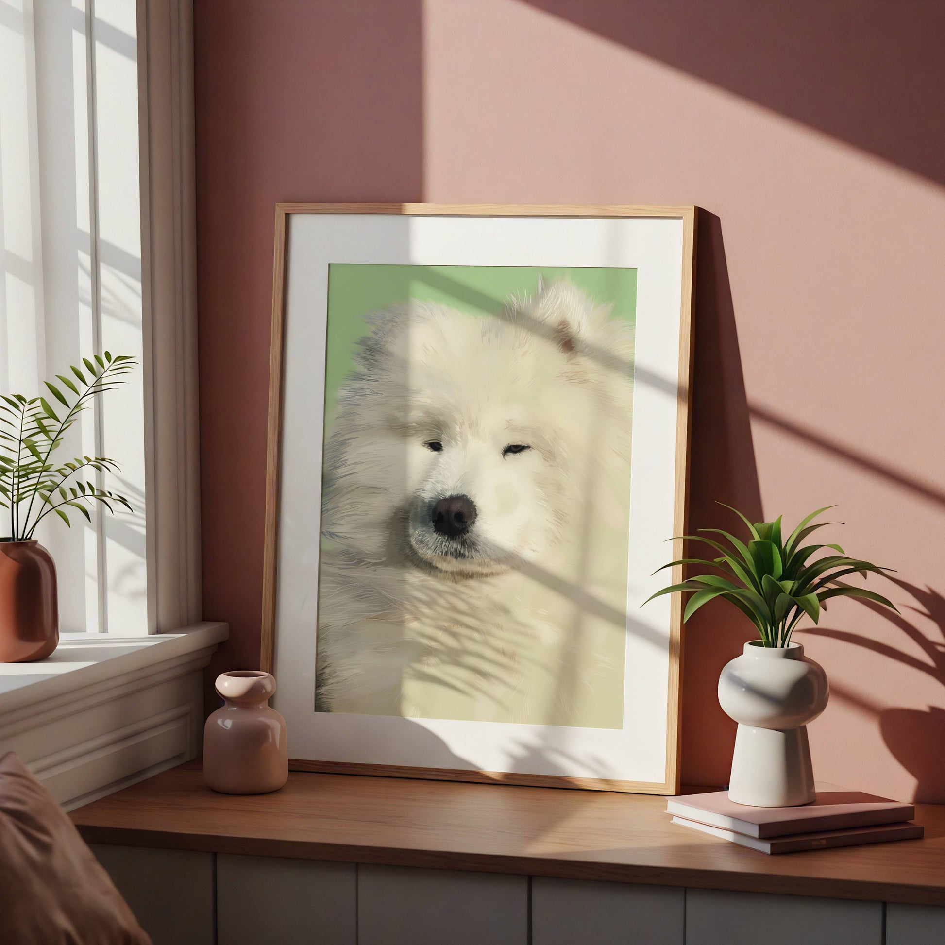 Framed picture of a white dog on a wooden shelf with plants and a pink wall.