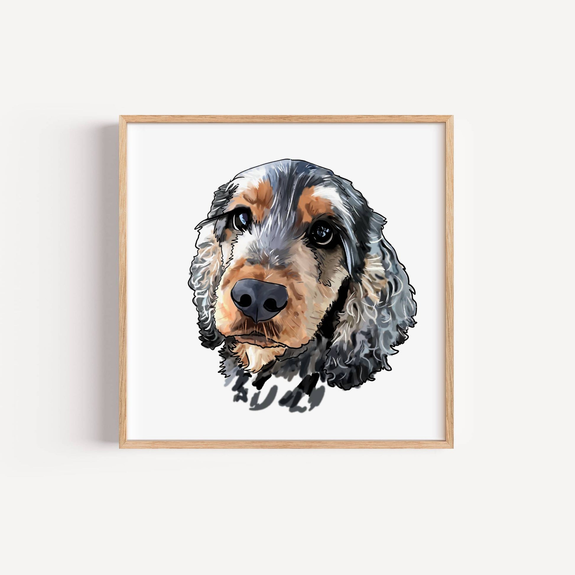 Framed artwork of a spaniel's face on a white background