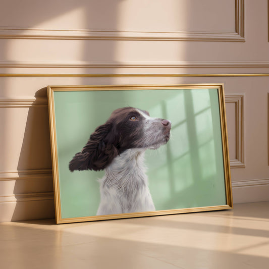 Framed picture of a springer spaniel on a wall with a gold frame
